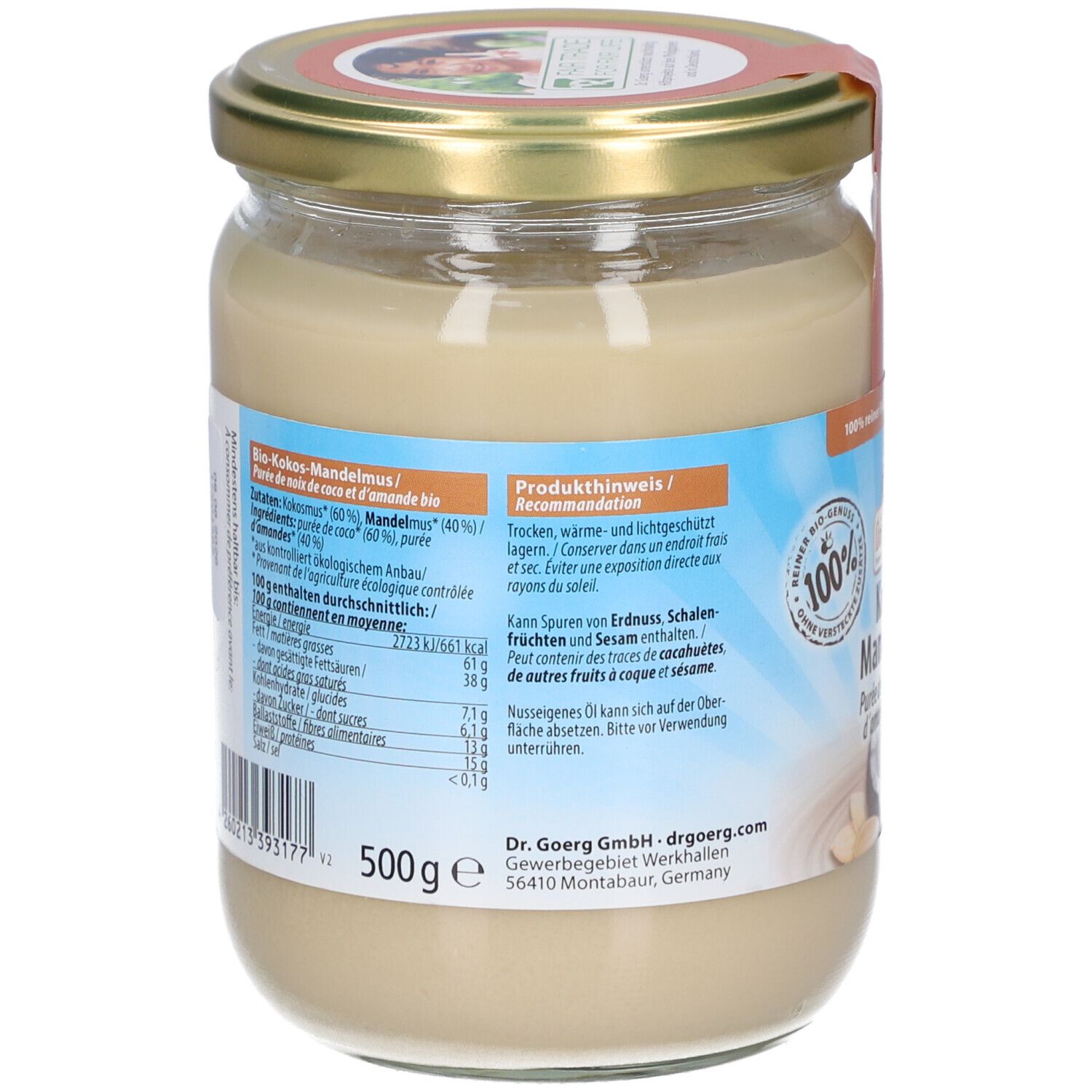 Rückseite eines Glases Kokos-Mandelmus. Etikett mit Nährwertangaben, Zutatenliste und Herstellerinformationen. 500g.