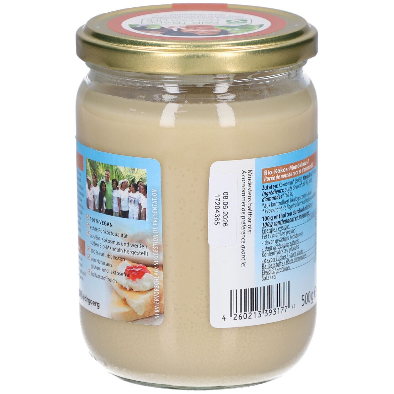 Rückseite eines Glases Kokos-Mandelmus. Etikett mit Informationen zu Inhaltsstoffen und Haltbarkeit. 500g.