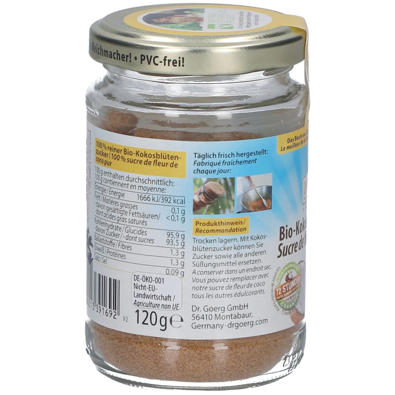 Rückseite eines Glases mit Bio-Kokosblütenzucker. Nährwertangaben und Produktinformationen.