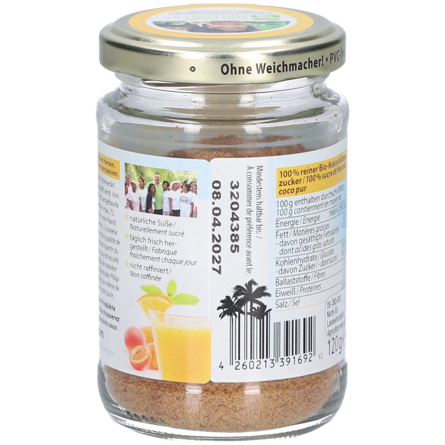 Rückseite eines Glases mit Bio-Kokosblütenzucker. Nährwertangaben, Mindesthaltbarkeitsdatum und Produktinformationen.
