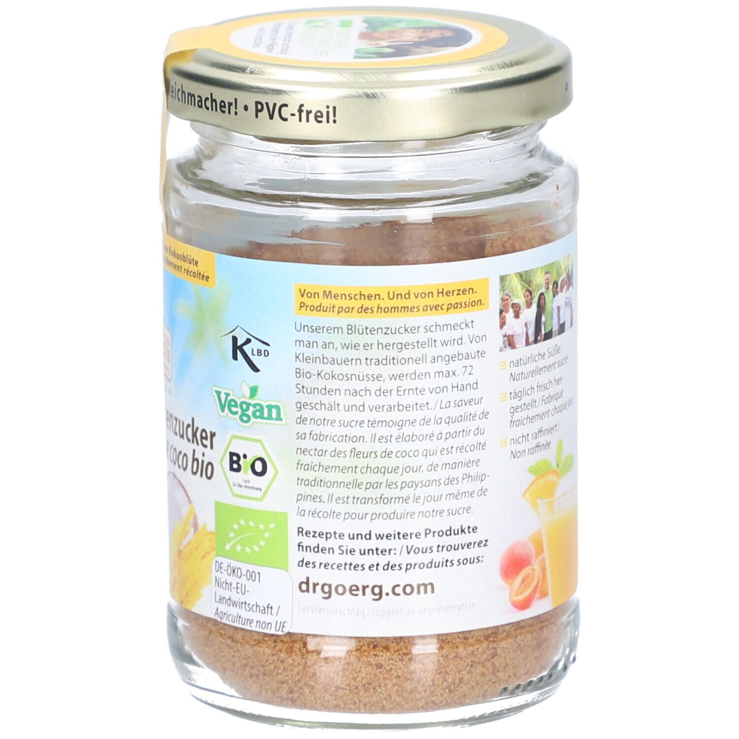 Rückseite eines Glases mit Bio-Kokosblütenzucker. Produktinformationen, Vegan-Siegel und Bio-Siegel.