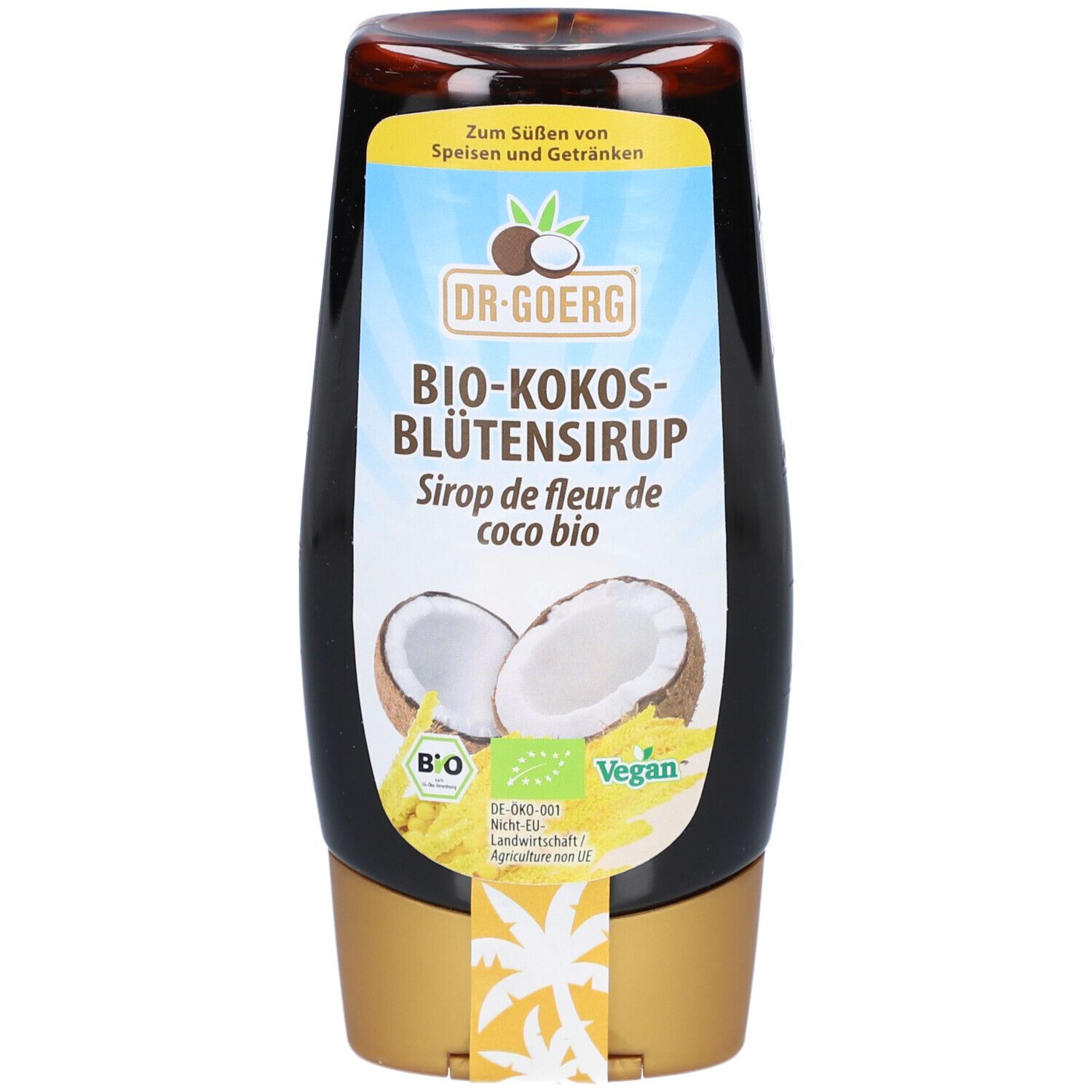 Flasche Bio-Kokosblütensirup mit Etikett. Logo, Kokosnuss-Illustration, Text: Bio-Kokosblütensirup, Vegan, B-Siegel.