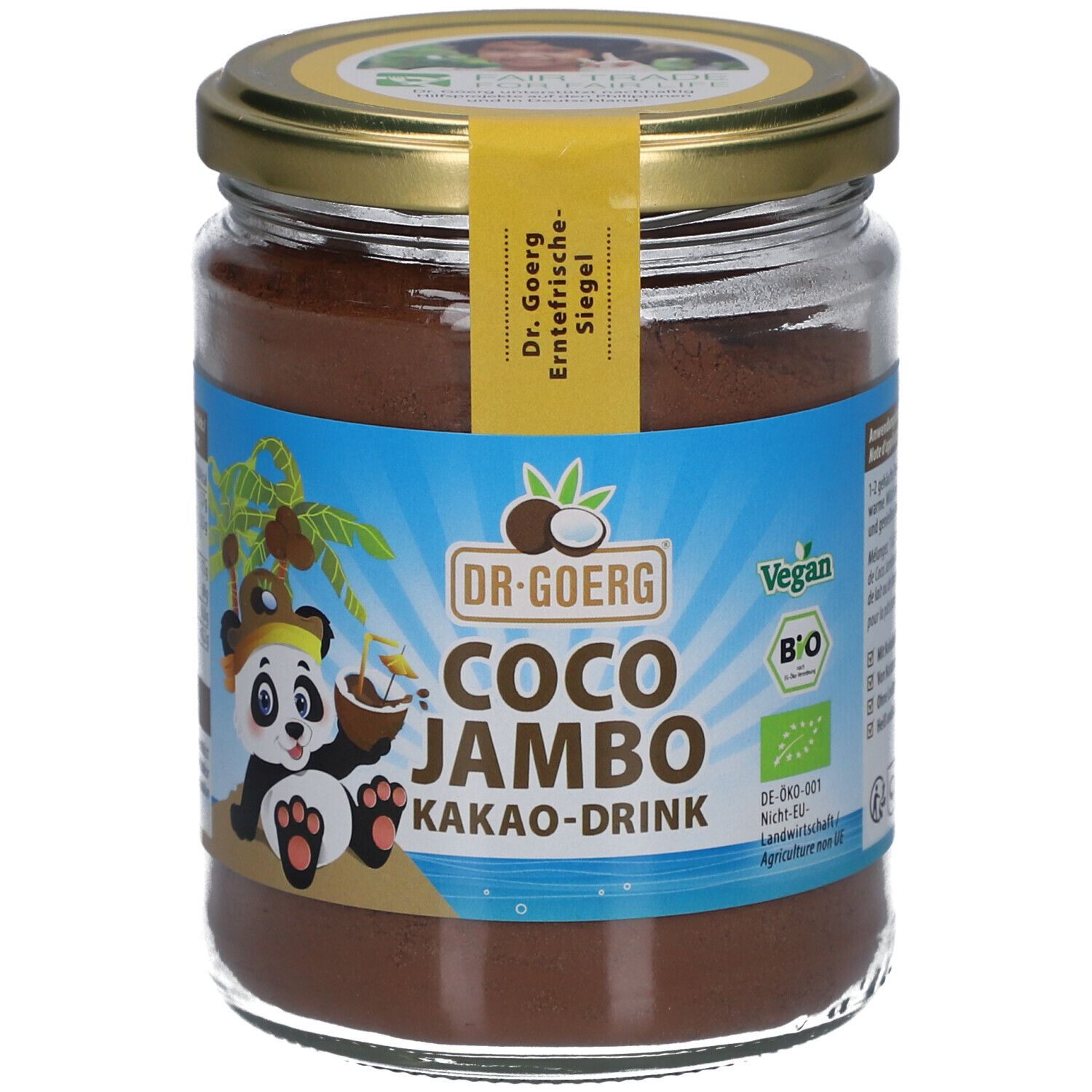 Glas mit braunem Pulver. Etikett mit Panda, Kokosnuss, Schriftzug Coco Jambo Kakao-Drink, Vegan-Logo und Bio-Siegel.
