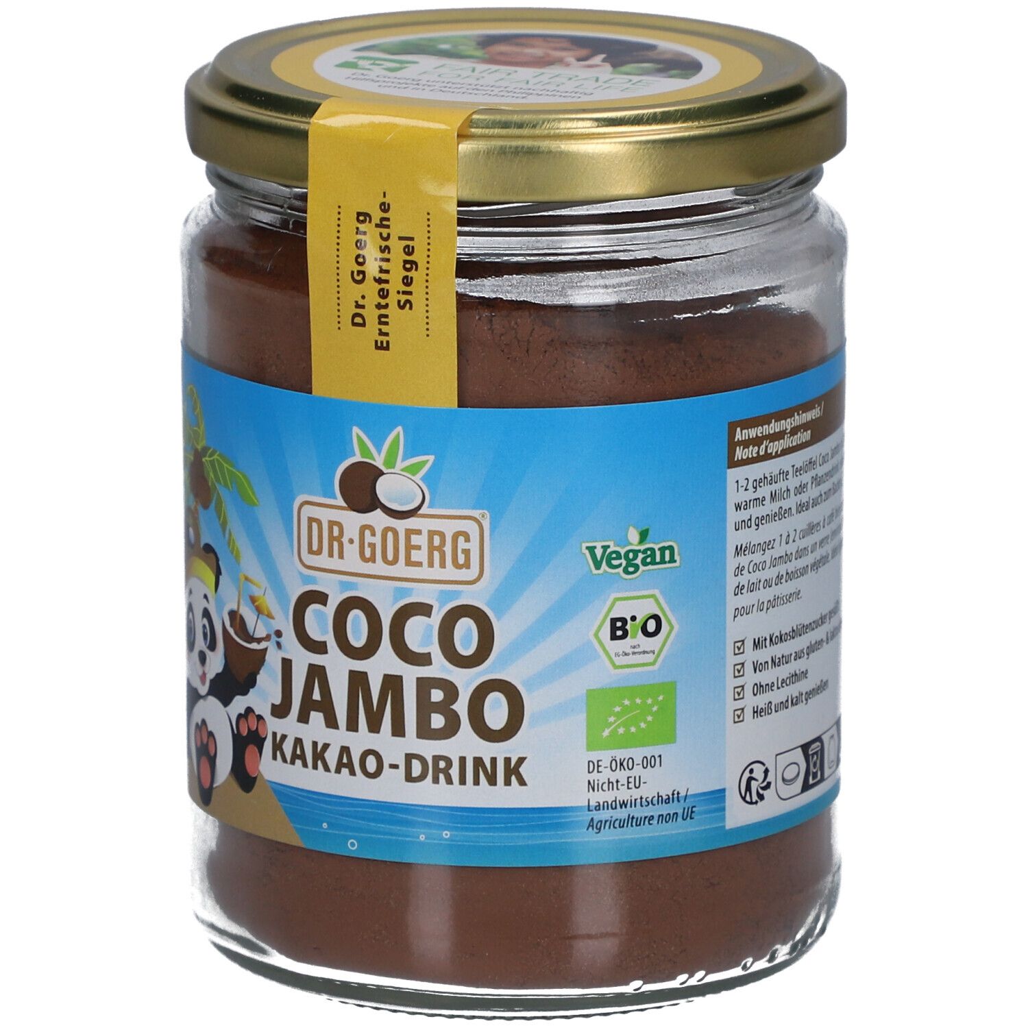 Glas mit braunem Pulver. Etikett mit Panda, Kokosnuss, Schriftzug Coco Jambo Kakao-Drink, Vegan-Logo und Bio-Siegel.