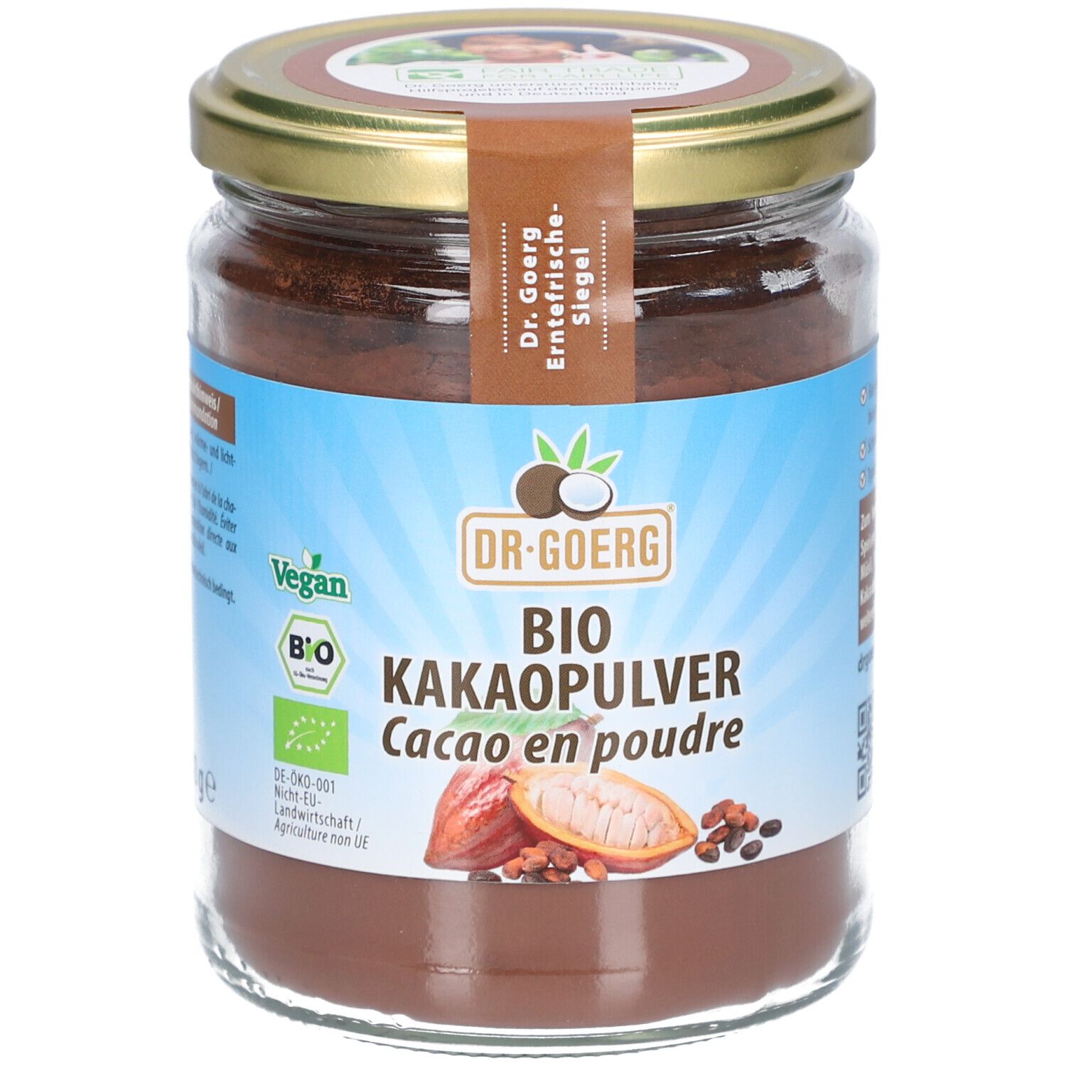 Glas mit braunem Pulver. Etikett mit "DR. GOERG BIO KAKAOPULVER". Vegan- und Bio-Siegel.