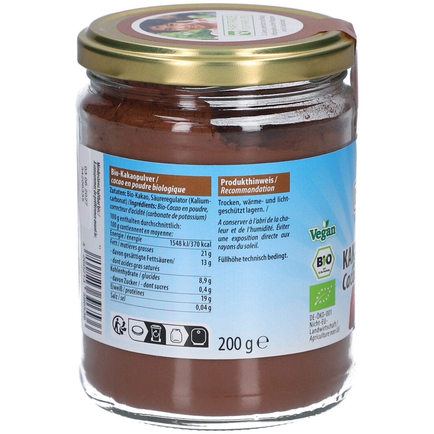 Rückseite des Glases mit braunem Pulver. Etikett mit Nährwertangaben und "200 g". Vegan- und Bio-Siegel.