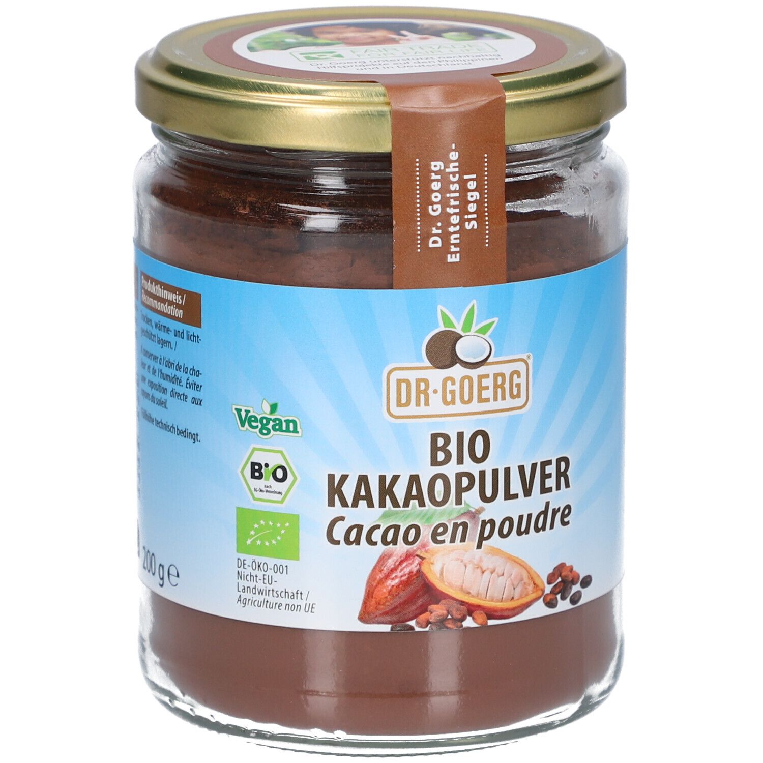 Glas mit braunem Pulver. Etikett mit "DR. GOERG BIO KAKAOPULVER". Vegan- und Bio-Siegel.