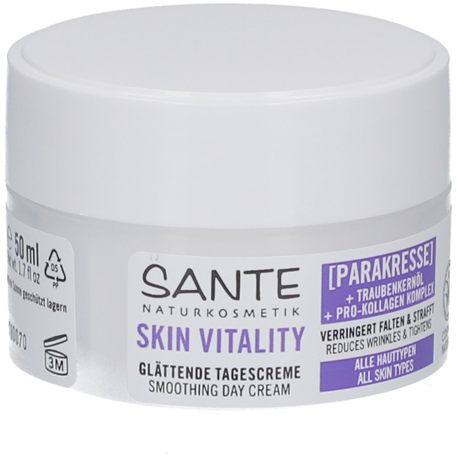 Creme-Tiegel mit weißem Deckel. Aufschrift: Sante Skin Vitality Glättende Tagescreme. Enthält Parakresse und Traubenkernöl.