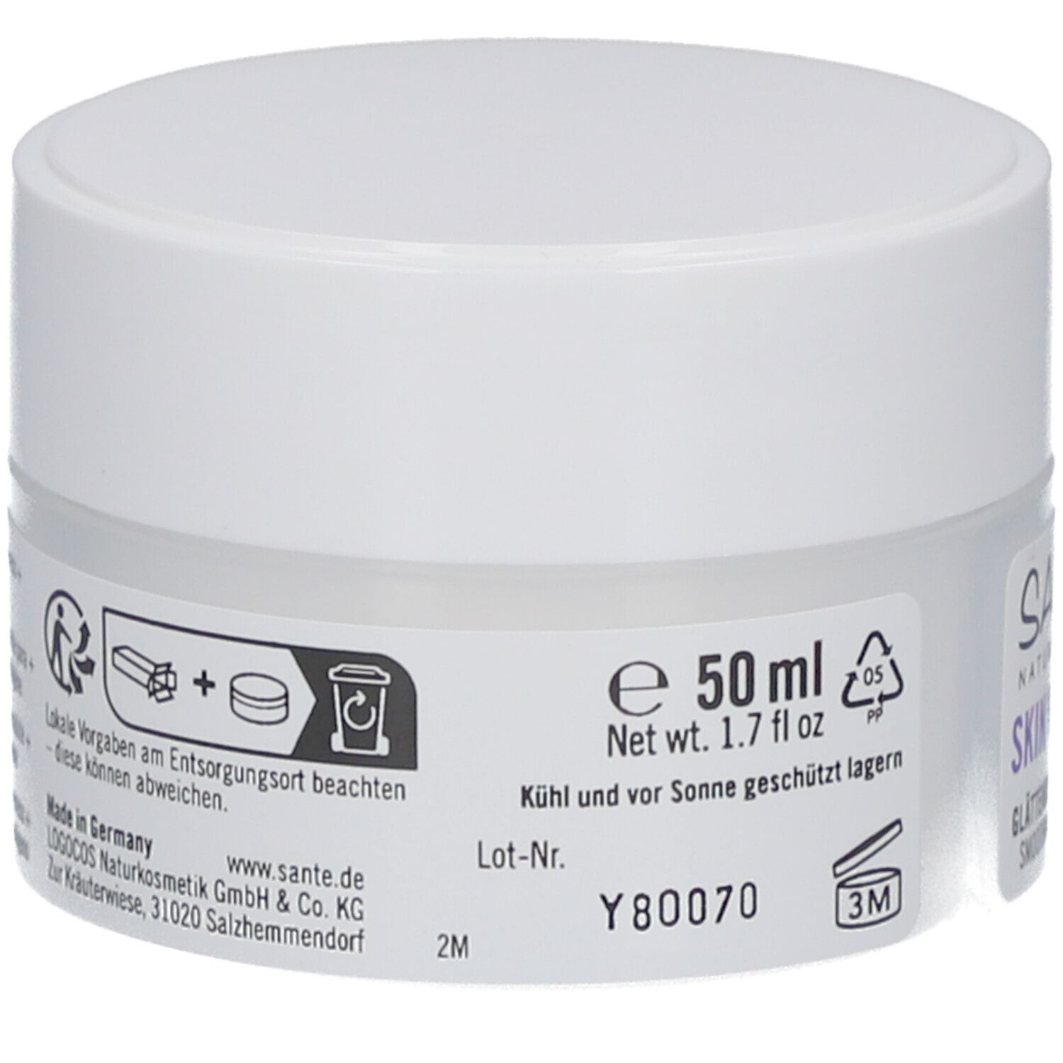 Creme-Tiegel, weißer Deckel. Aufschrift: 50 ml, 1.7 fl oz. Angaben zur Entsorgung und Haltbarkeit. Hersteller: Logocos Naturkosmetik.