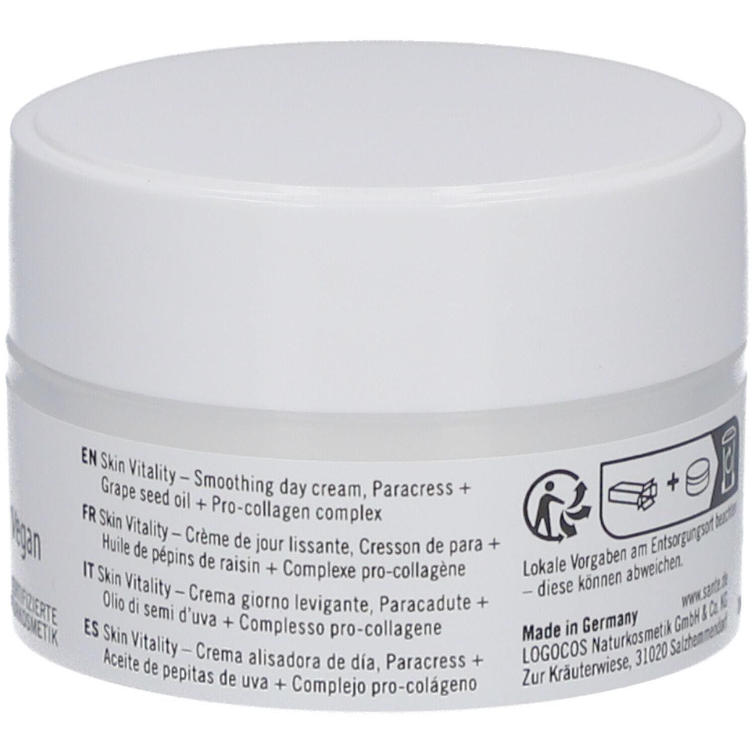 Rückseite des Creme-Tiegels. Mehrsprachige Produktbeschreibung: Skin Vitality Glättende Tagescreme. Herstellerinformationen und Entsorgungshinweise.