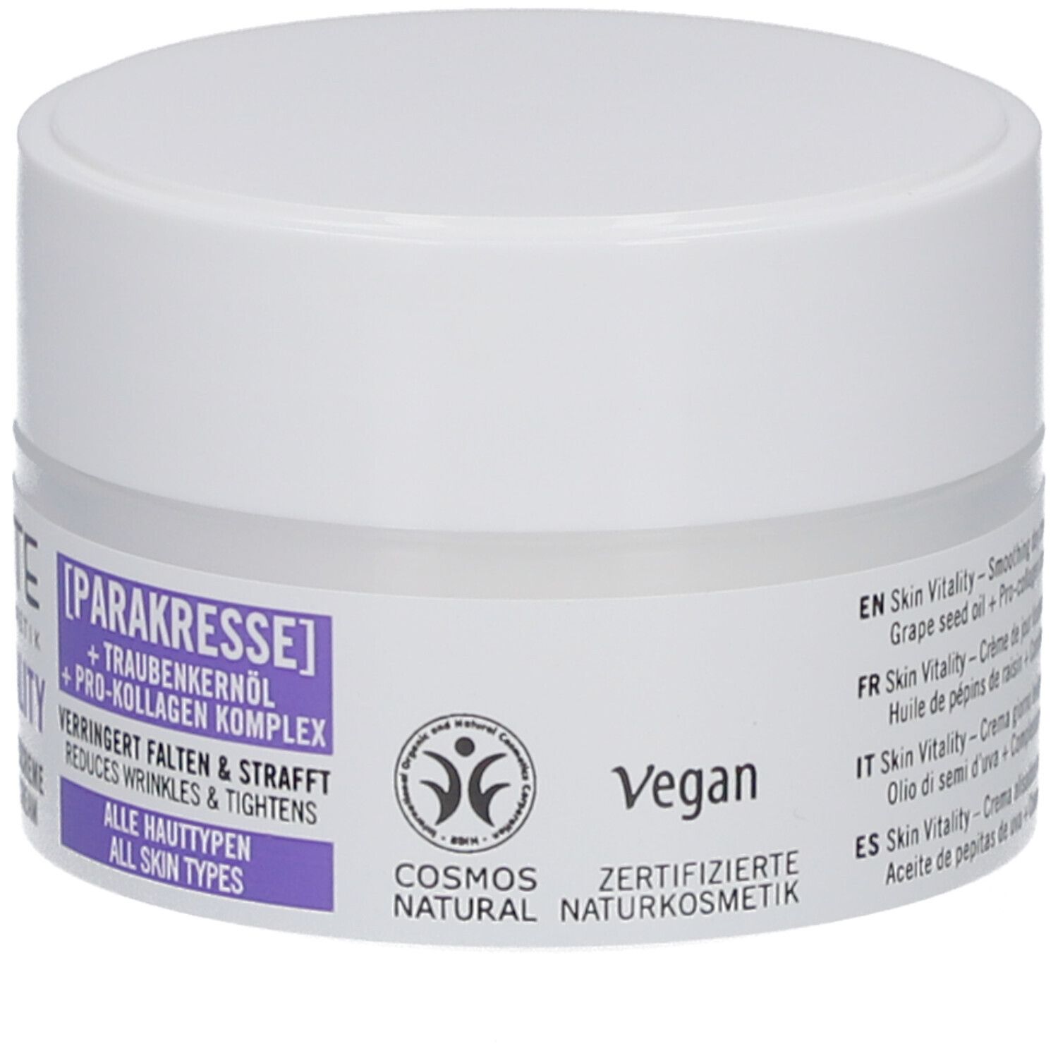Creme-Tiegel mit weißem Deckel. Aufschrift: Sante Skin Vitality Glättende Tagescreme. Vegan-Zertifizierung. Cosmos Natural-Siegel.