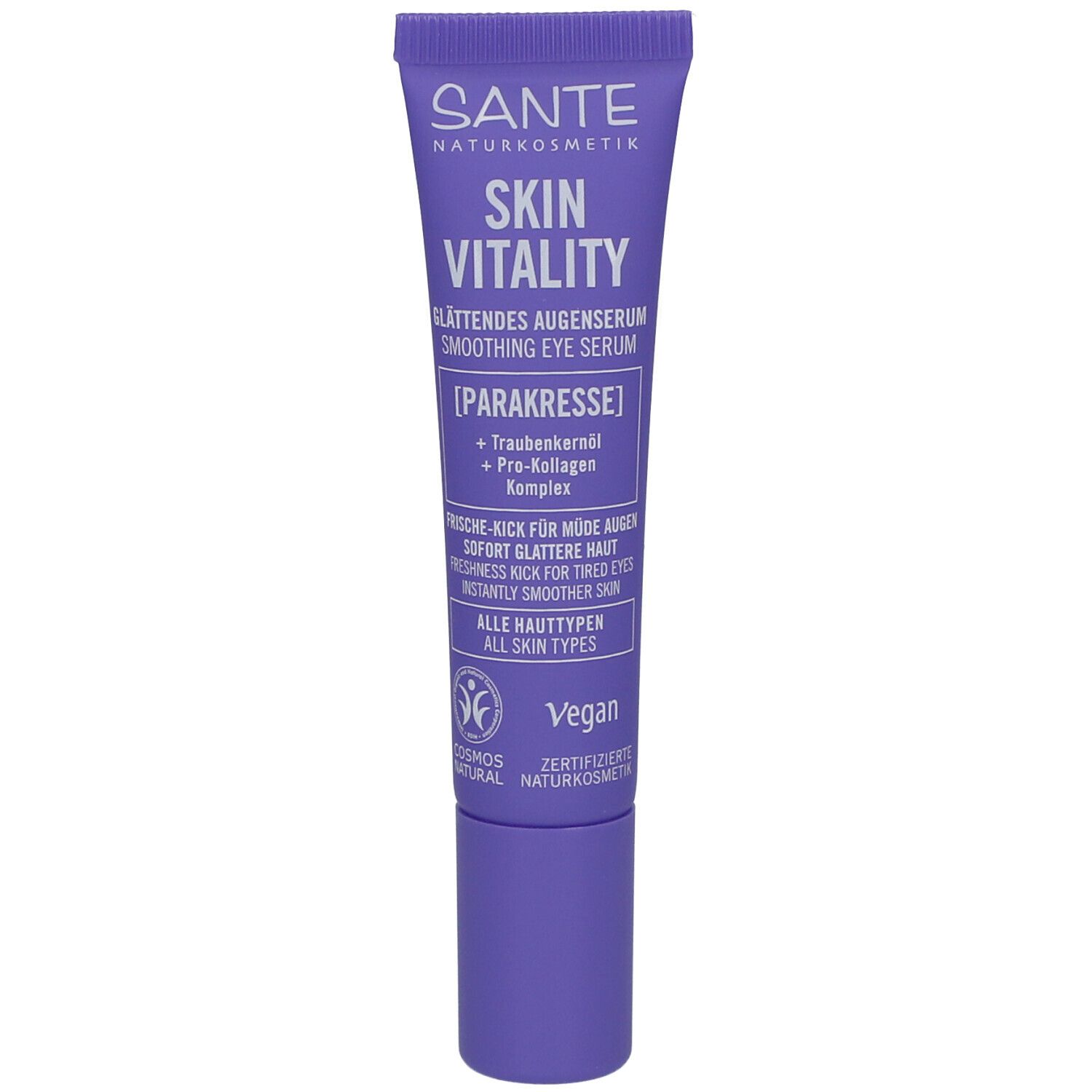 Lila Tube mit weißer Schrift. Enthält Augenserum. Marke SANTE. Vegan-Siegel. Text: Skin Vitality, Glättendes Augenserum.