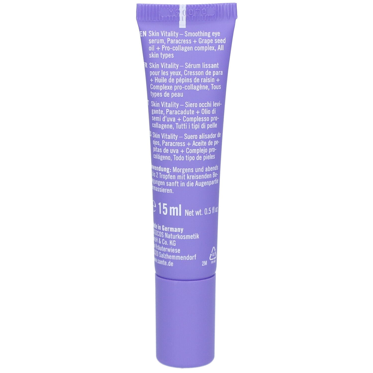 Rückseite der lila Tube. Text in mehreren Sprachen. Enthält Informationen zum Produkt und Inhaltsstoffe. 15 ml.