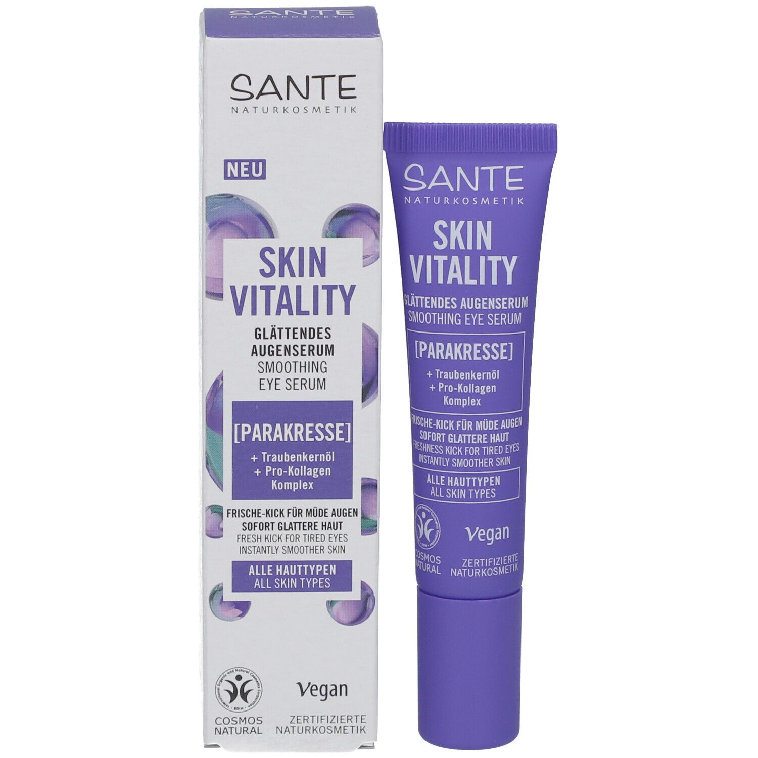Produktverpackung. Lila Tube und Karton. Marke SANTE. Text: Skin Vitality, Glättendes Augenserum. Vegan-Siegel. Neu-Label.