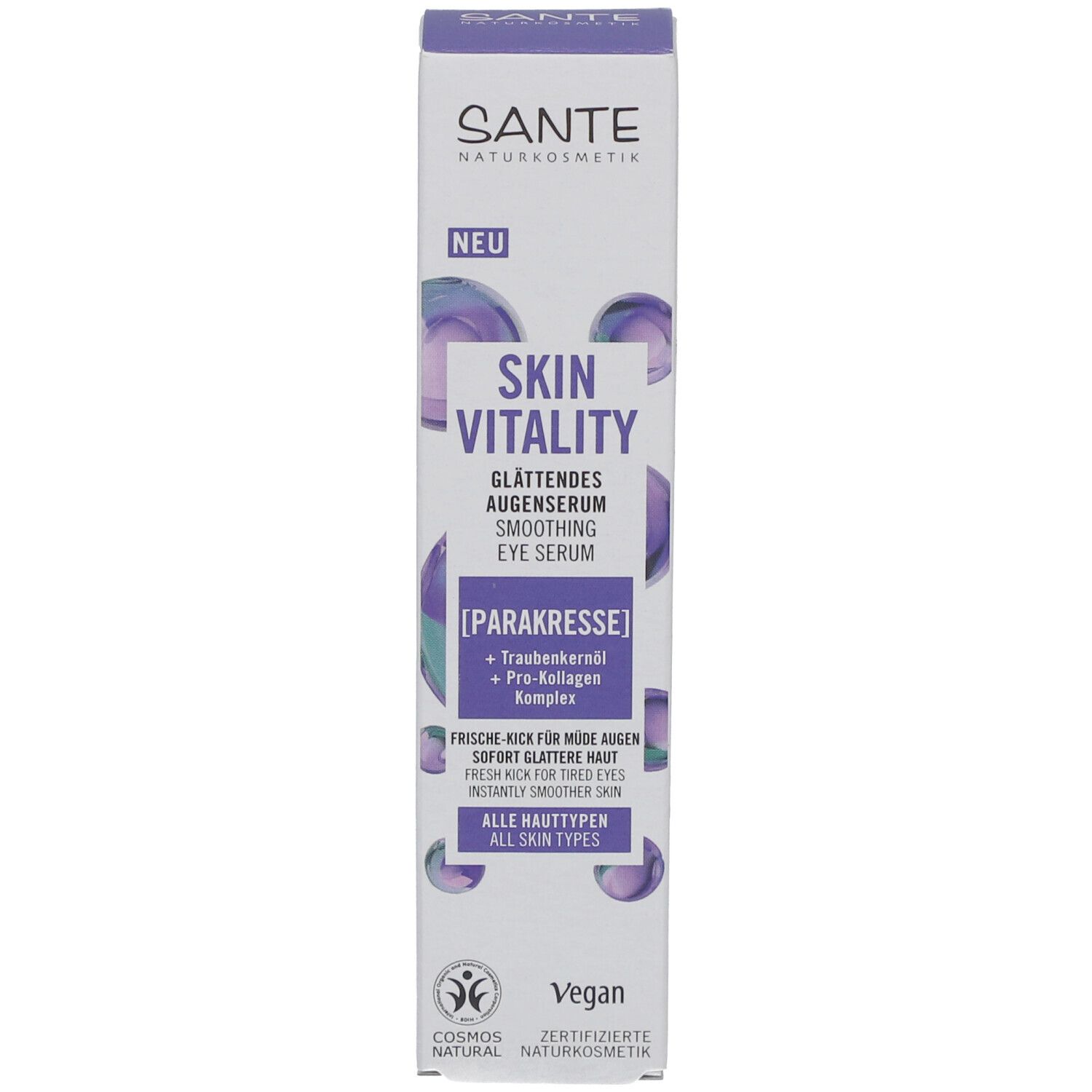 Produktverpackung. Karton mit lila Akzenten. Marke SANTE. Text: Skin Vitality, Glättendes Augenserum. Vegan-Siegel. Neu-Label.