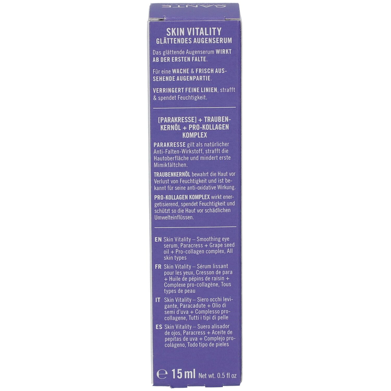 Seite der Produktverpackung. Text in mehreren Sprachen. Informationen zum Produkt, Inhaltsstoffe und Anwendung. 15 ml.