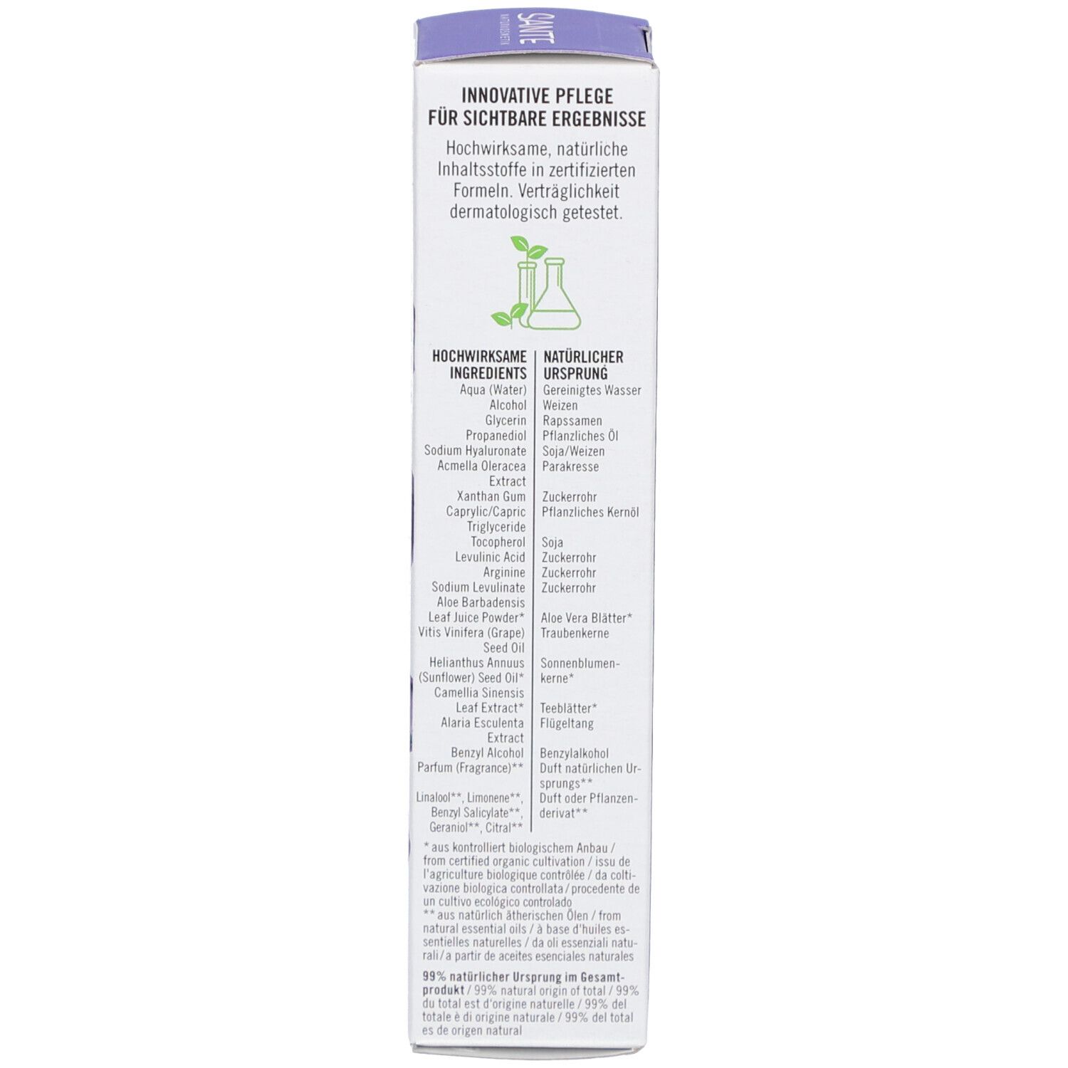 Seite der Produktverpackung. Auflistung der Inhaltsstoffe. Zertifizierungen und Logos. Text in deutscher Sprache.