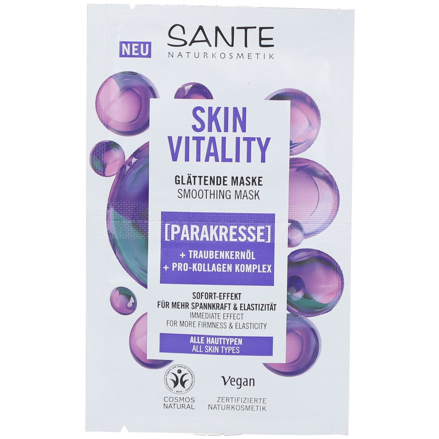 Sante Skin Vitality Maske. Weiße Verpackung mit Produktnamen und Inhaltsstoffen. Vegan, Cosmos Natural.