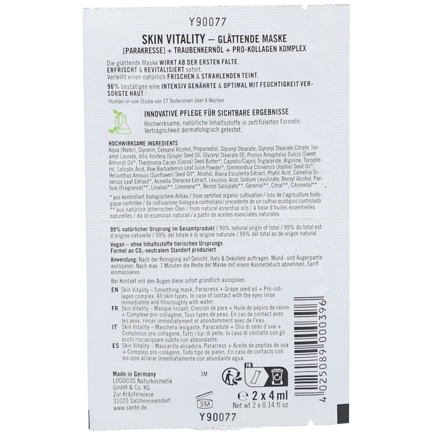 Rückseite der Skin Vitality Maske. Text mit Inhaltsstoffen, Anwendung und Herstellerinformationen. Vegan.