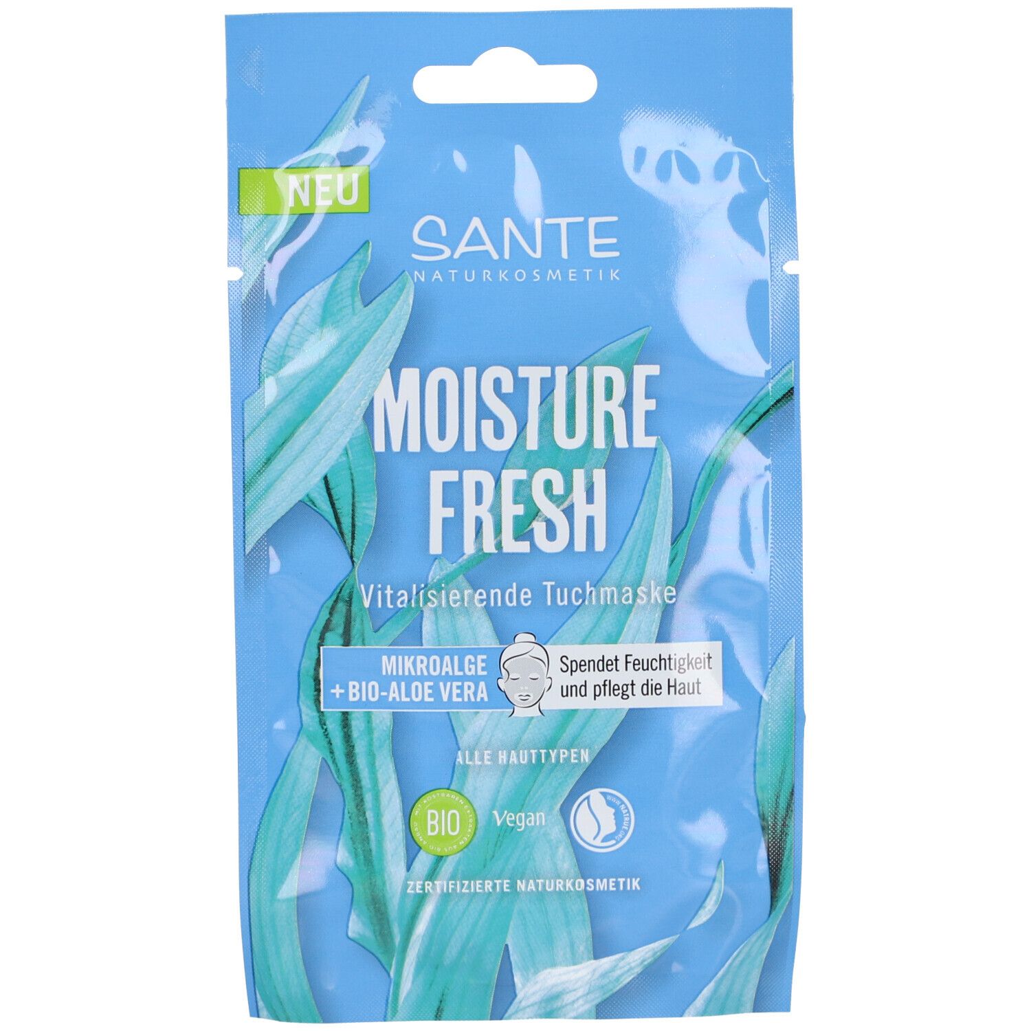 Gesichtsmaske in Folienverpackung. Schriftzug: Moisture Fresh, Vitalisierende Tuchmaske. Logo: Sante Naturkosmetik. Mit Bio-Aloe Vera.