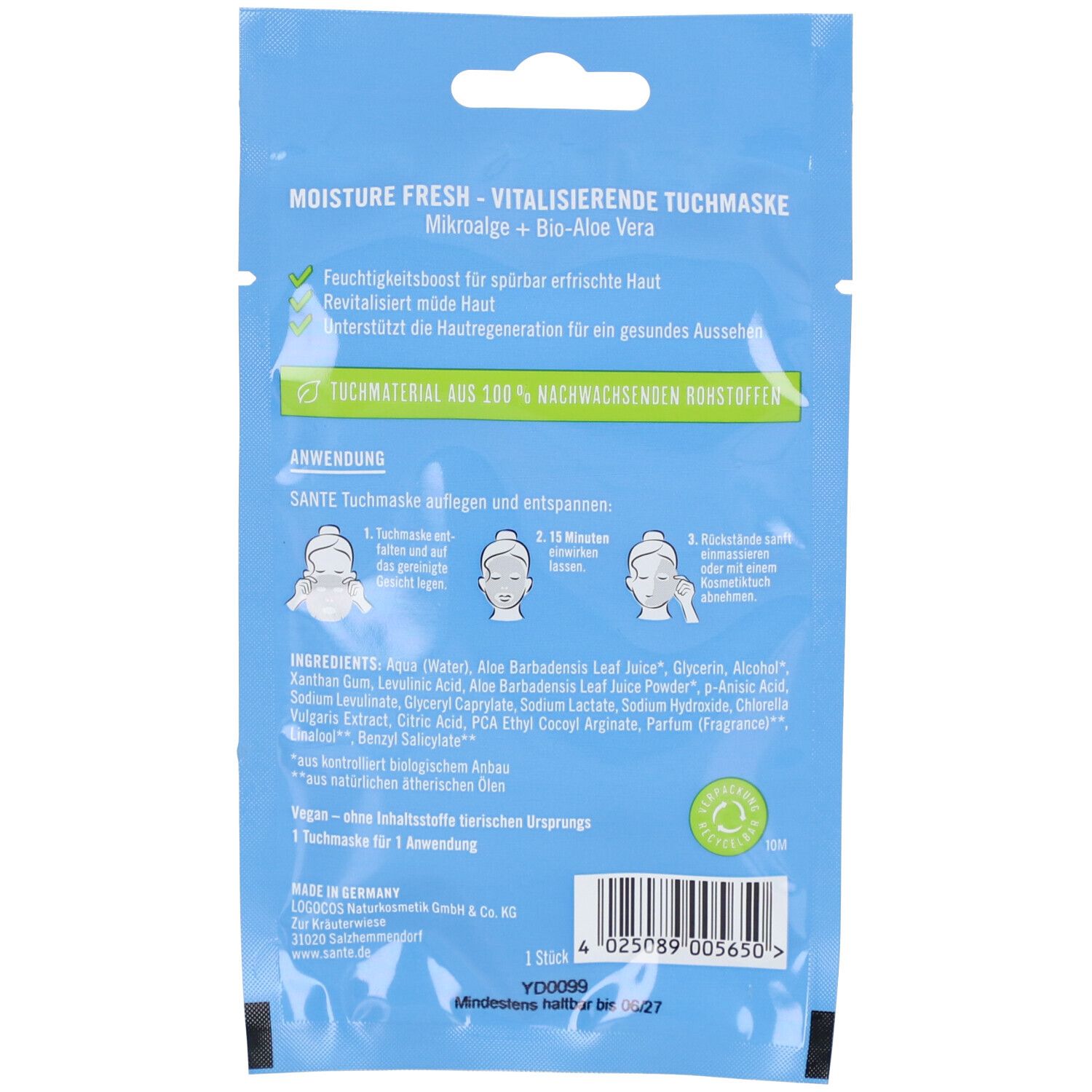 Rückseite der Gesichtsmaskenverpackung. Text: Moisture Fresh, Vitalisierende Tuchmaske. Inhaltsstoffe und Anwendungshinweise. Vegan-Logo.