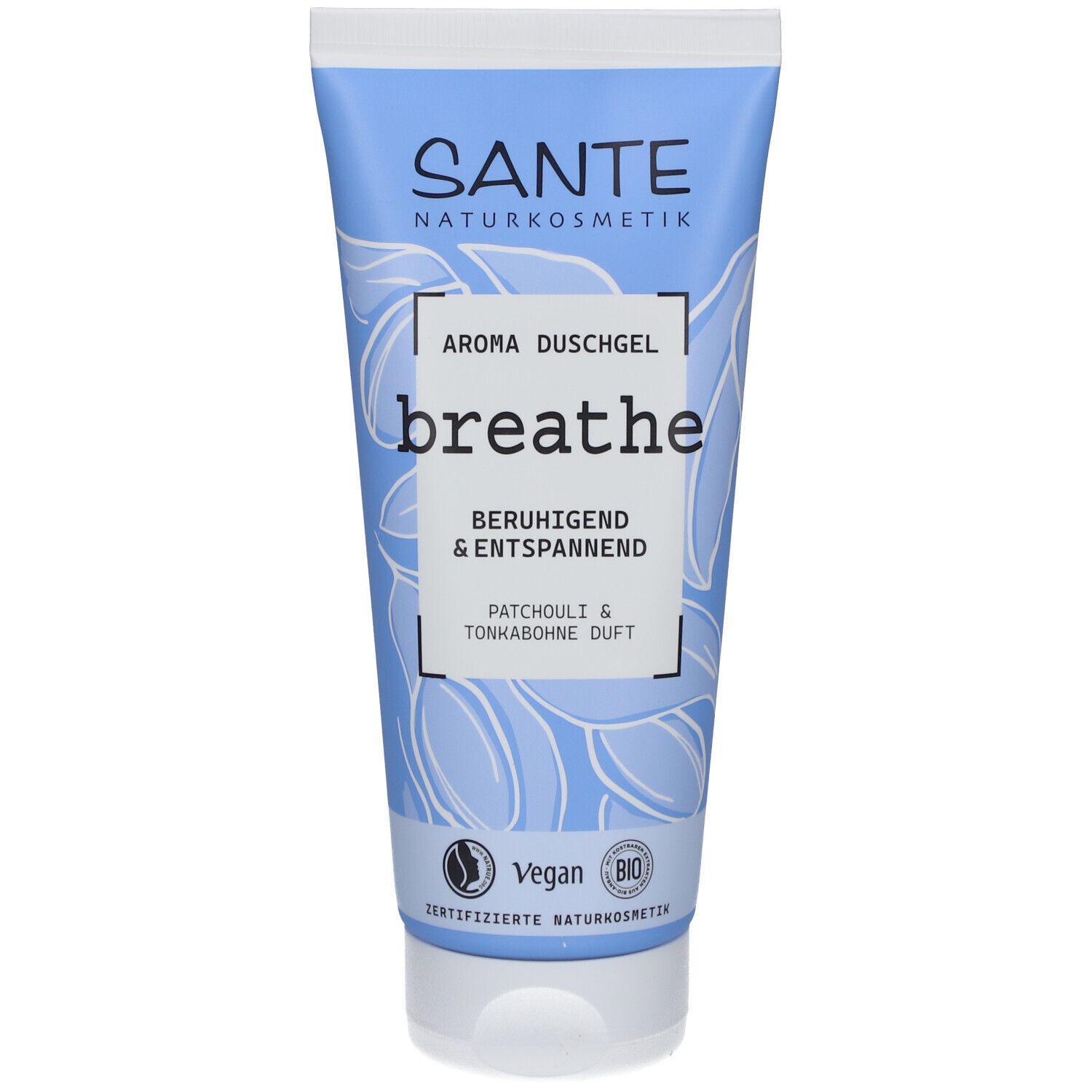 Blau-weiße Tube mit "SANTE"-Logo und "Aroma Duschgel breathe". Enthält Patchouli & Tonkabohne Duft. Vegan-Siegel.