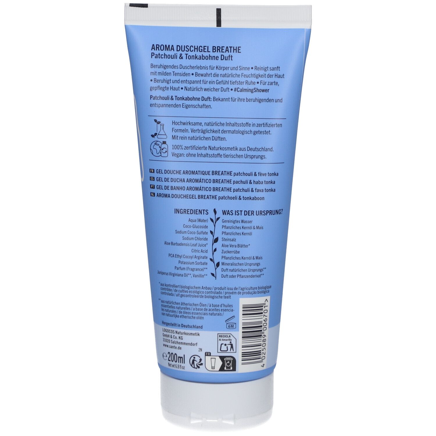 Rückseite der Tube. Text in Deutsch, Englisch, Französisch, Italienisch. Inhaltsstoffe und Zertifizierungen.