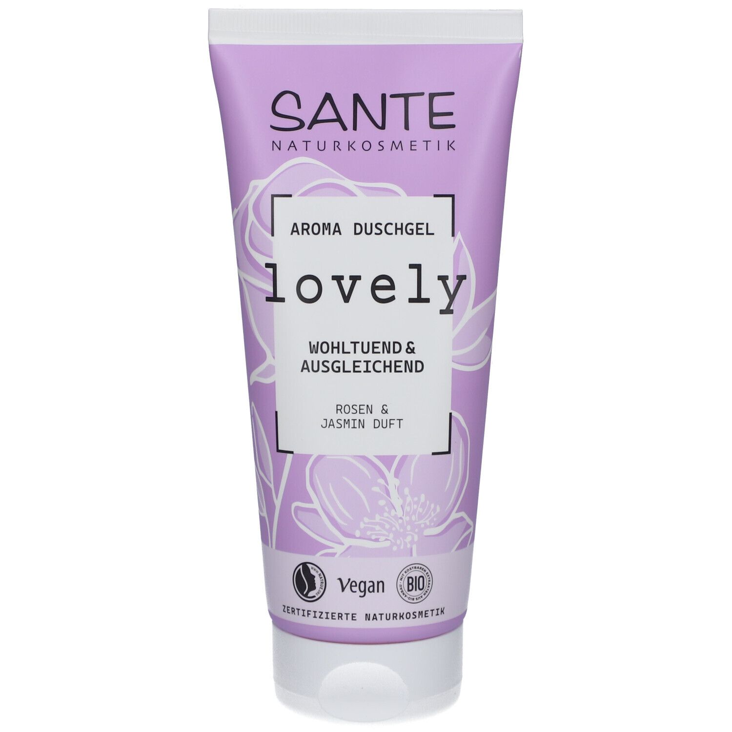 Lila Tube mit weißem Deckel. Aufschrift: SANTE, Aroma Duschgel lovely, Rosen & Jasmin Duft. Vegan-Logo.