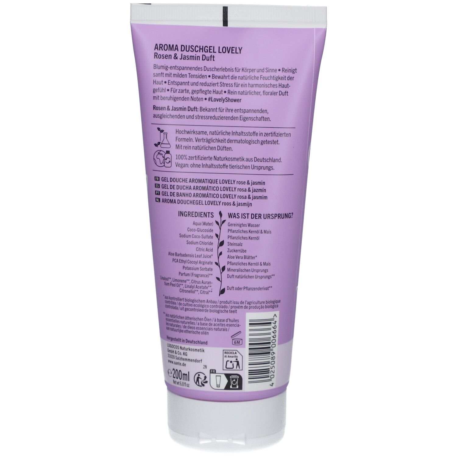 Rückseite einer lila Tube. Text: Aroma Duschgel lovely, Rosen & Jasmin Duft. Inhaltsstoffe. Vegan-Logo. 200ml.