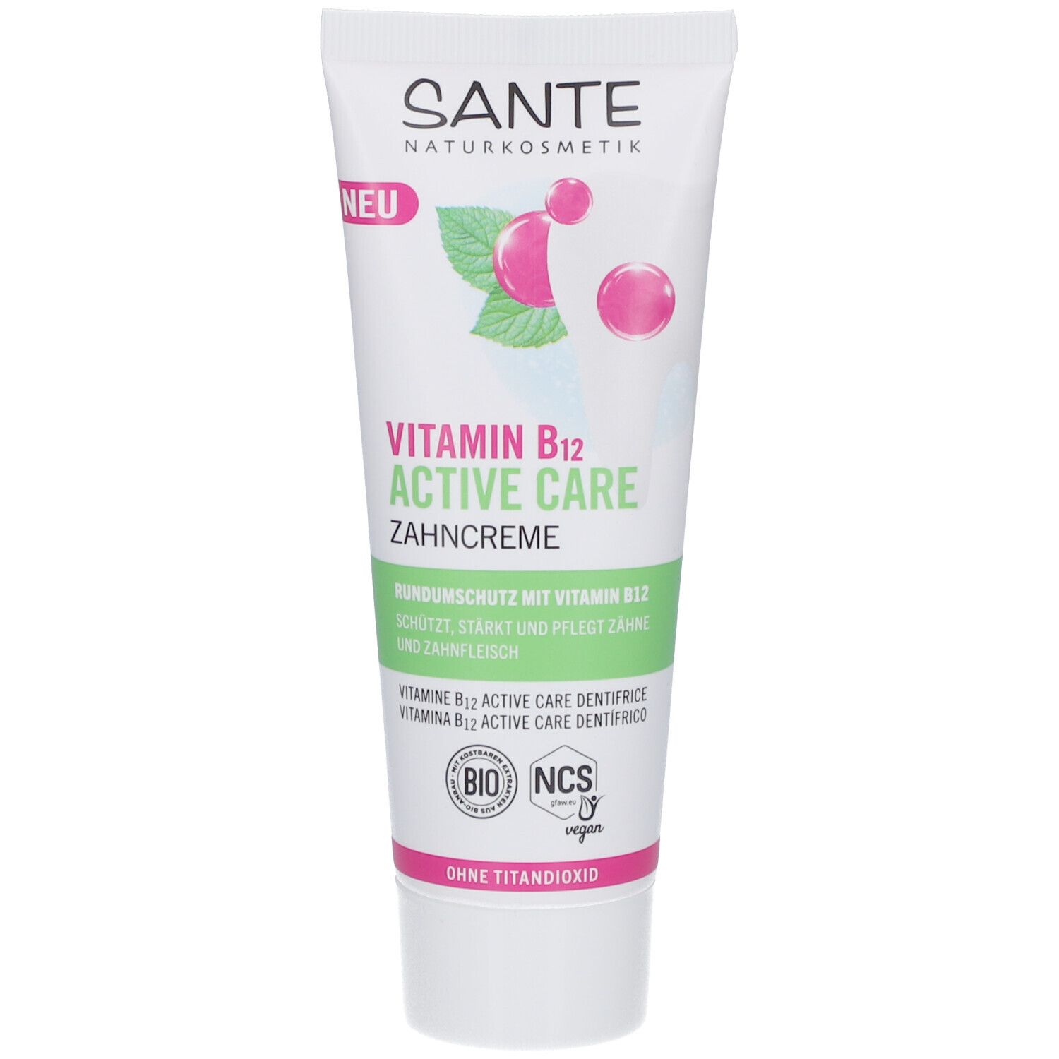 Zahnpasta-Tube SANTE Vitamin B12 Active Care. Weiß, mit Schriftzug und Illustrationen. "NEU" und Bio-Siegel.
