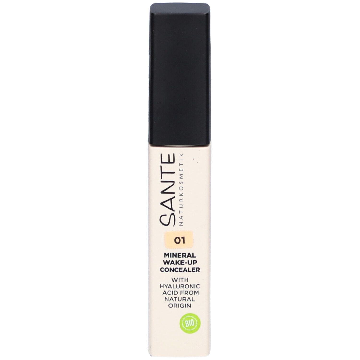 Beige Concealer-Tube mit schwarzem Deckel. Aufschrift: SANTE Naturkosmetik, Mineral Wake-Up Concealer 01, Hyaluronsäure. Bio-Siegel.