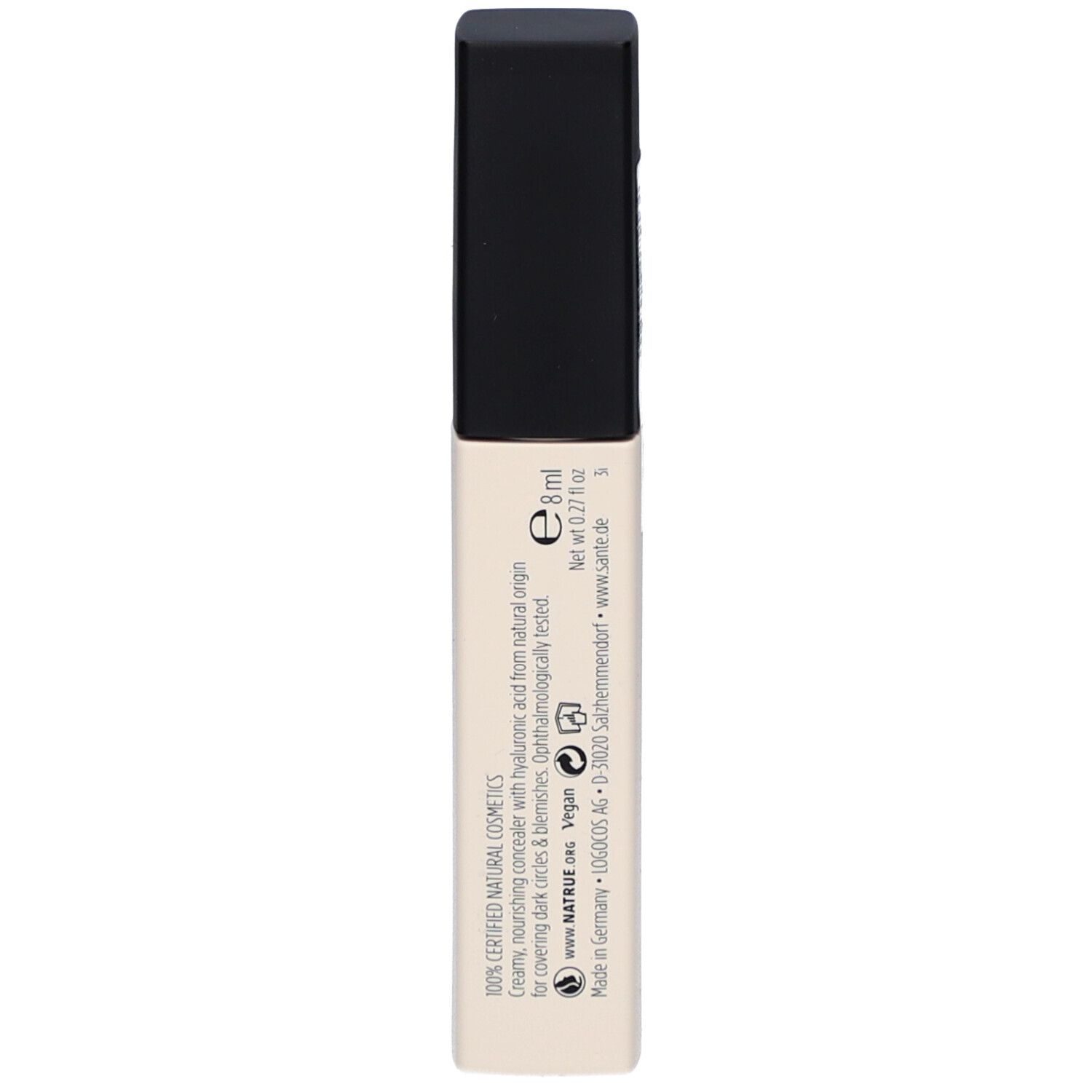 Rückseite der Concealer-Tube. Text: 100% Certified Natural Cosmetics, Hyaluronsäure, vegan, 8 ml.