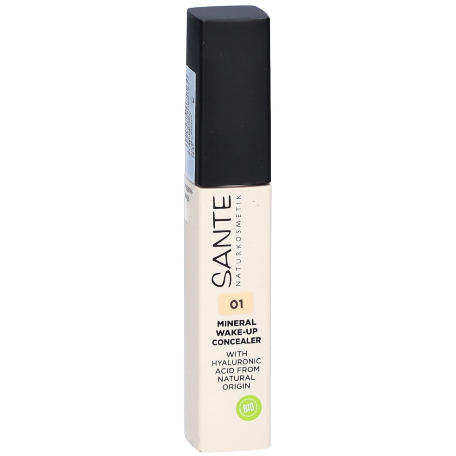 Concealer-Tube, Vorderseite. Aufschrift: SANTE Naturkosmetik, Mineral Wake-Up Concealer 01, Hyaluronsäure. Bio-Siegel.