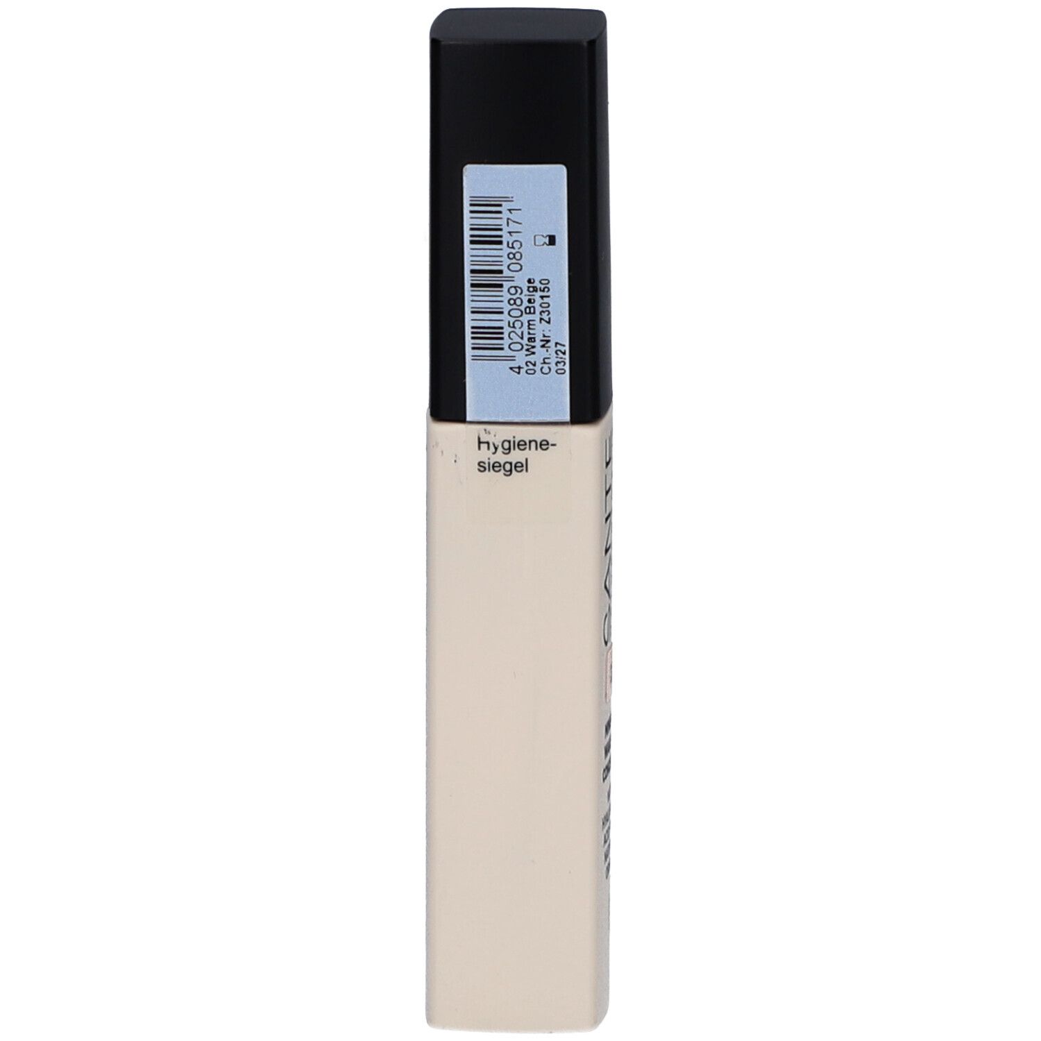 Rückseite des Concealer-Tubes. Aufkleber mit Barcode und Informationen. Aufschrift: Hygieniesiegel.