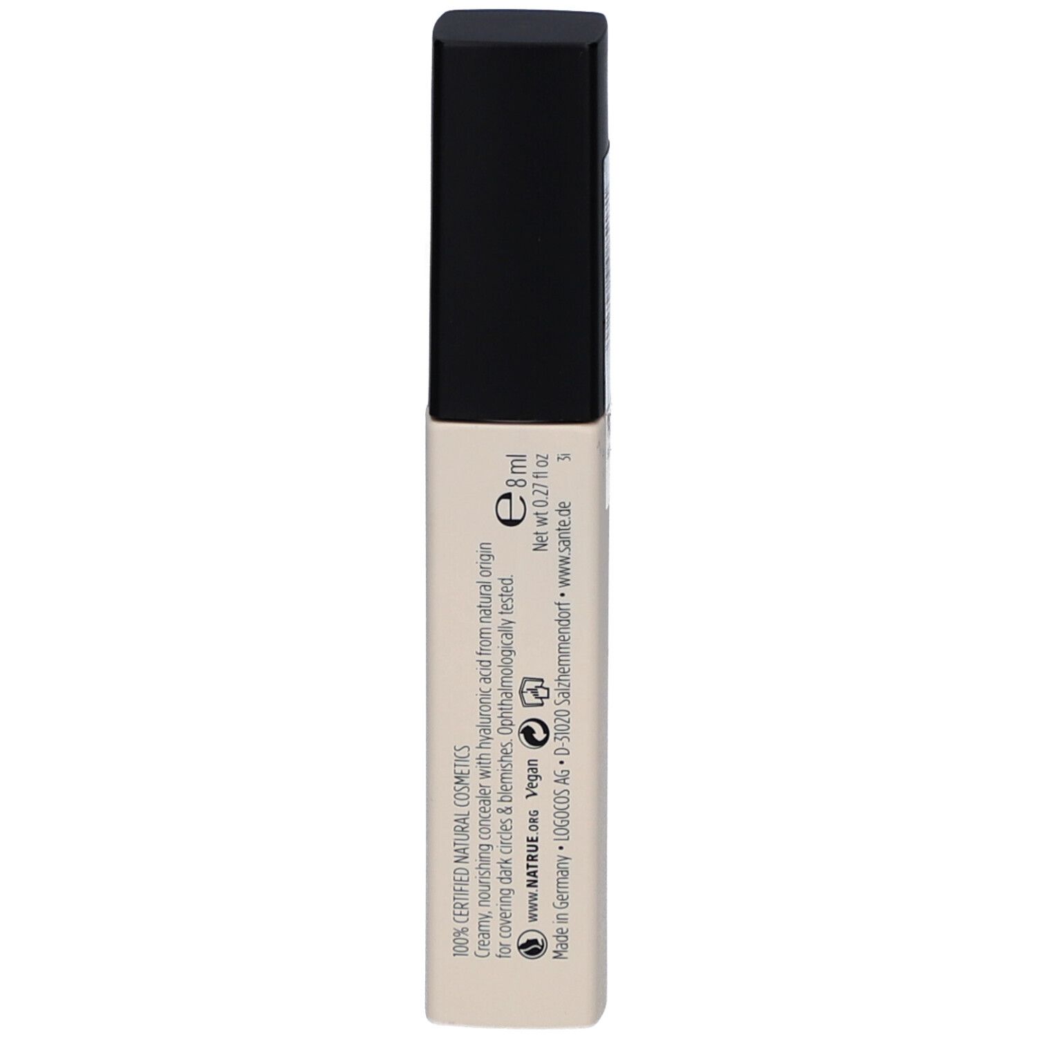 Rückseite des Concealer-Tubes. Informationen zu Inhaltsstoffen, Herkunft und Zertifizierung. Vegan-Siegel.