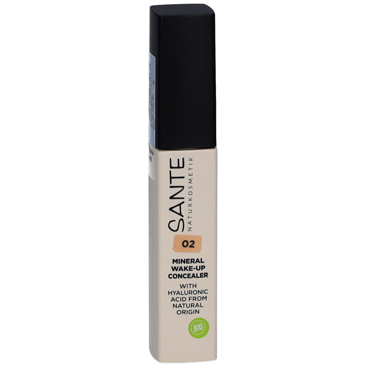 Concealer-Tube mit schwarzem Deckel. Aufschrift: SANTE, 02, Mineral Wake-up Concealer, Hyaluronsäure. Bio-Siegel.