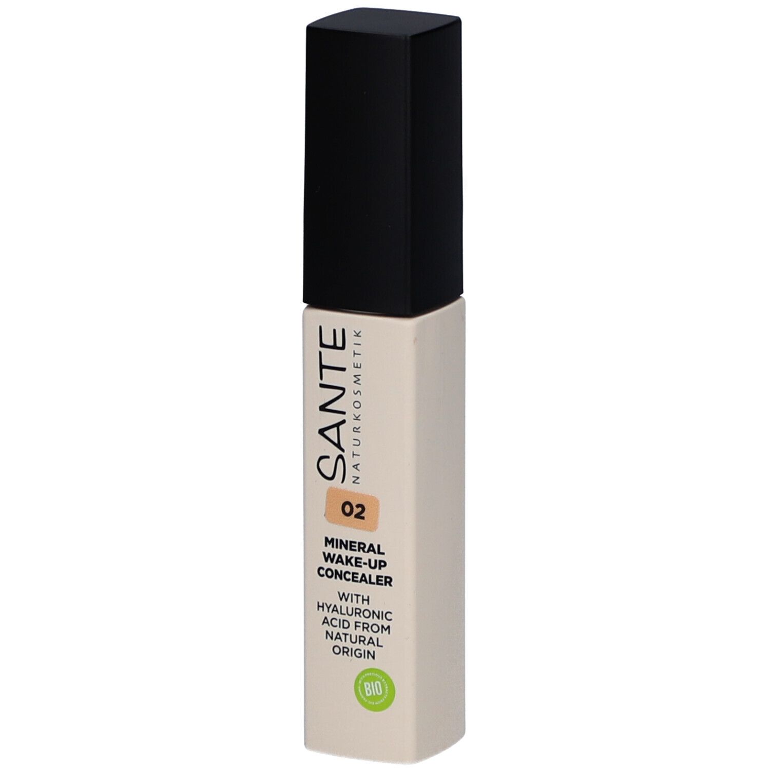 Concealer-Tube mit schwarzem Deckel. Aufschrift: SANTE, 02, Mineral Wake-up Concealer, Hyaluronsäure. Bio-Siegel.