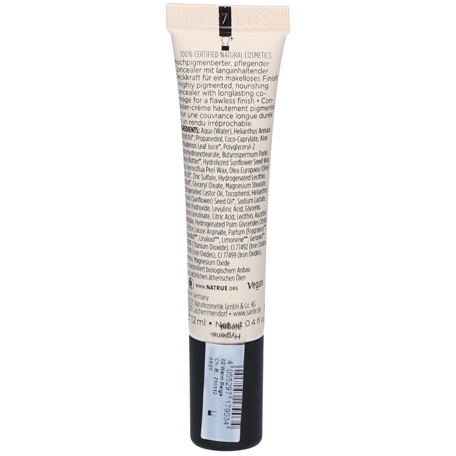 Rückseite der Concealer-Tube. Text mit Inhaltsstoffen und Herstellerinformationen. Schwarzer Schraubverschluss.