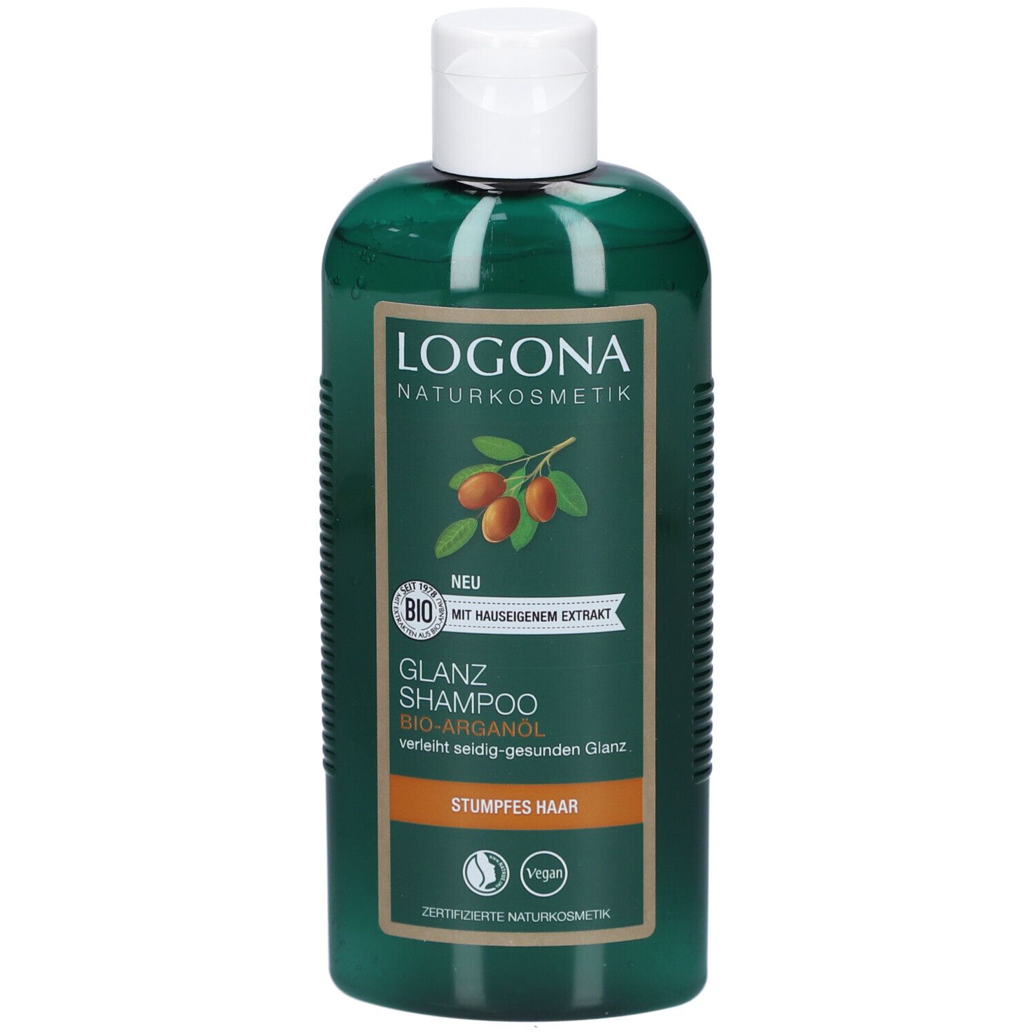 Grüne Flasche mit weißem Deckel. Aufschrift: LOGONA Naturkosmetik, Glanz Shampoo Bio-Arganöl. Für stumpfes Haar. Vegan.