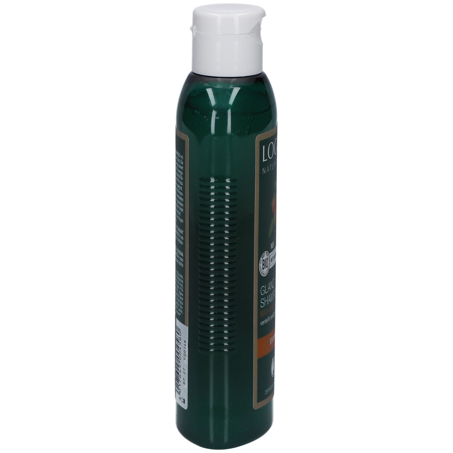 Grüne Flasche mit weißem Deckel. Seitliche Ansicht. Aufschrift: LOGONA Naturkosmetik, Glanz Shampoo Bio-Arganöl. Mit Rillen.