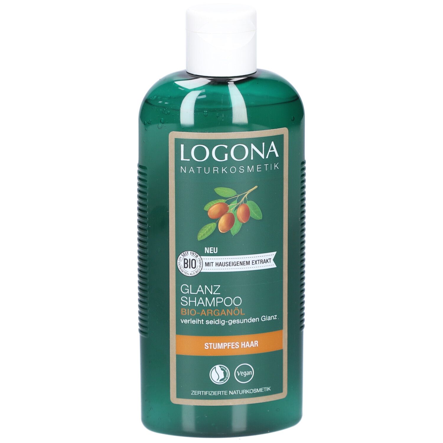 Grüne Flasche mit weißem Deckel. Aufschrift: LOGONA Naturkosmetik, Glanz Shampoo Bio-Arganöl. Für stumpfes Haar. Vegan.