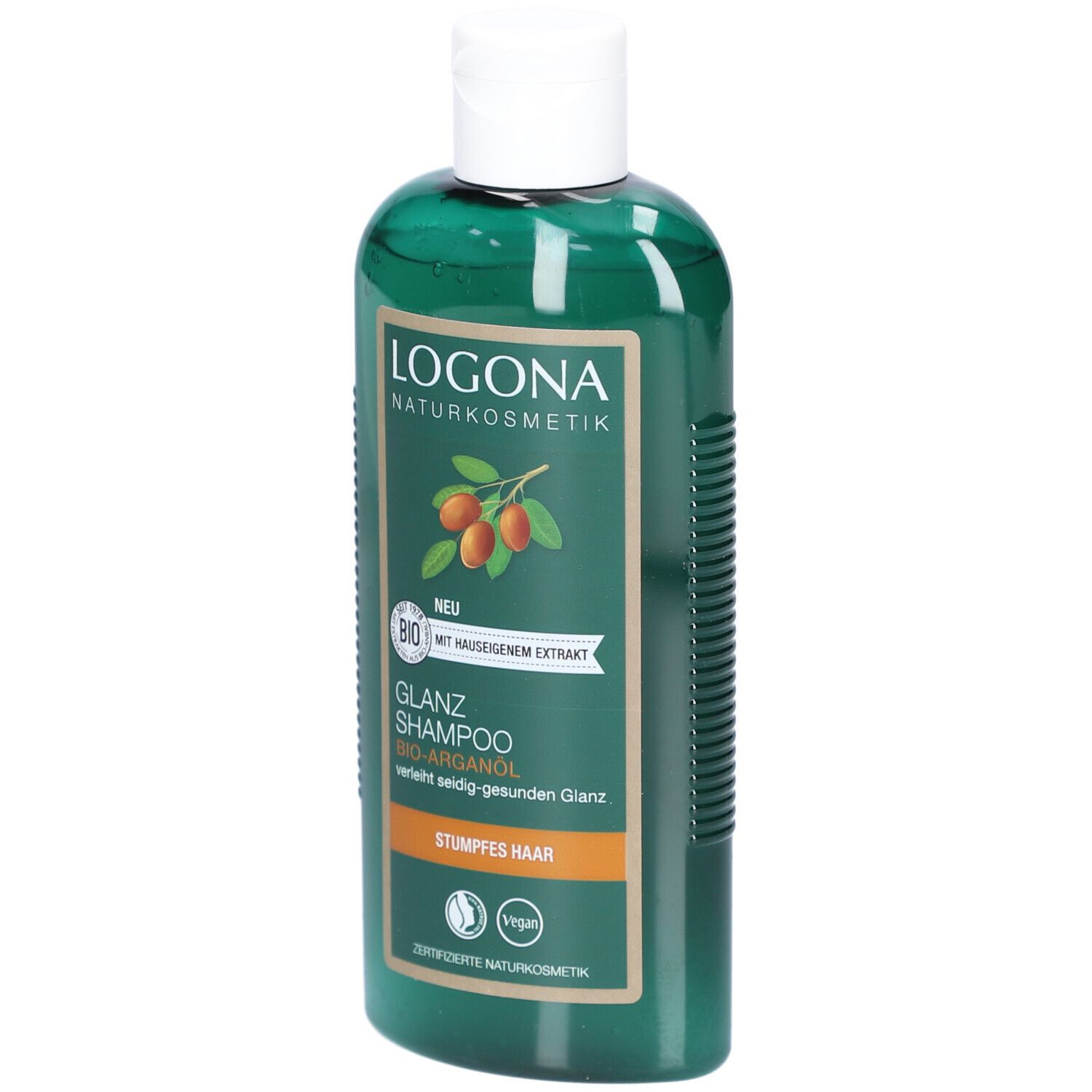 Grüne Flasche mit weißem Deckel. Aufschrift: LOGONA Naturkosmetik, Glanz Shampoo Bio-Arganöl. Für stumpfes Haar. Vegan.