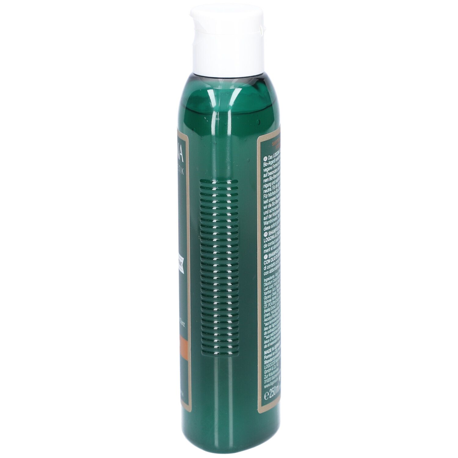 Grüne Flasche mit weißem Deckel. Seitliche Ansicht. Aufschrift: LOGONA Naturkosmetik, Glanz Shampoo Bio-Arganöl. Volumen: 250 ml.