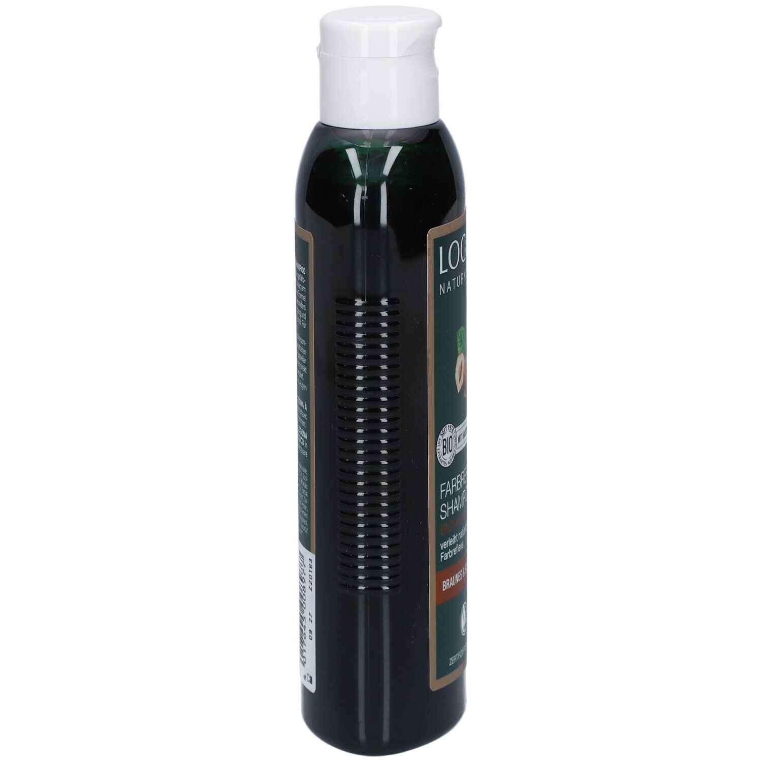 Grüne Flasche mit weißem Deckel. Seitliche Ansicht. Aufschrift: LOGONA Naturkosmetik, Farbreflex Shampoo. Geriffelte Seite.