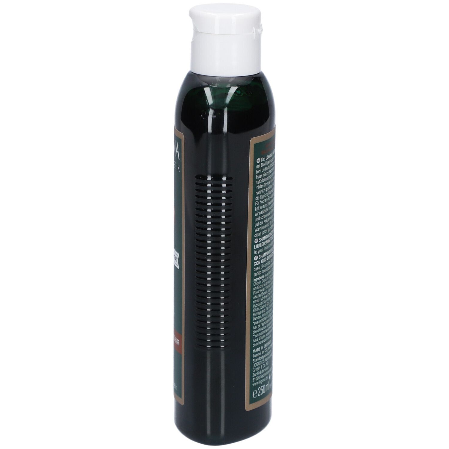 Grüne Flasche mit weißem Deckel. Seitliche Ansicht. Aufschrift: LOGONA Naturkosmetik, Farbreflex Shampoo. Text.