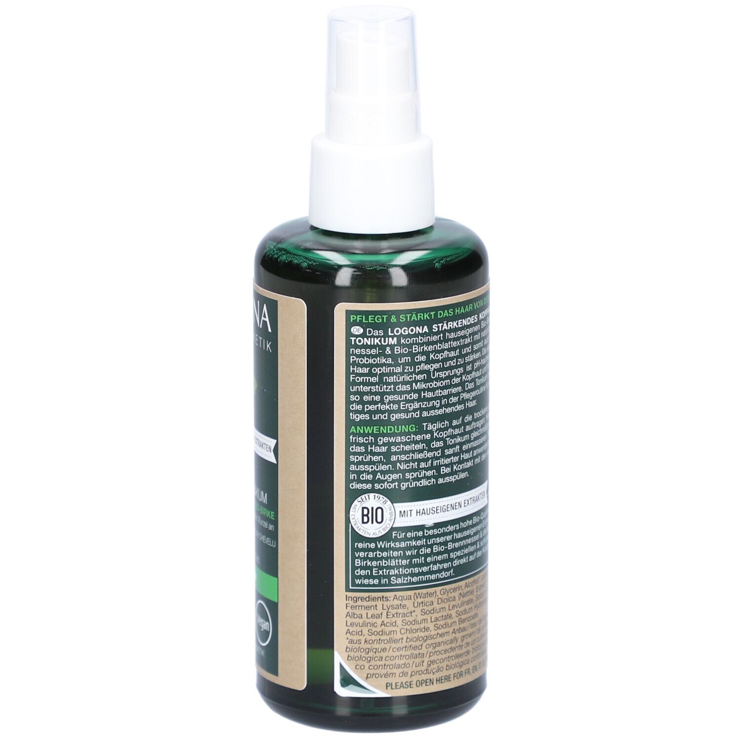 Rückseite der grünen Flasche. Etikett mit Produktinformationen und Inhaltsstoffen.