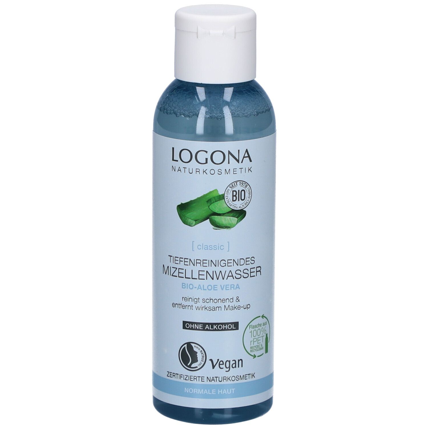 Flüssigkeit in einer Flasche mit weißem Deckel. Aufschrift: Logona Naturkosmetik, Mizellenwasser Bio-Aloe Vera, Vegan.