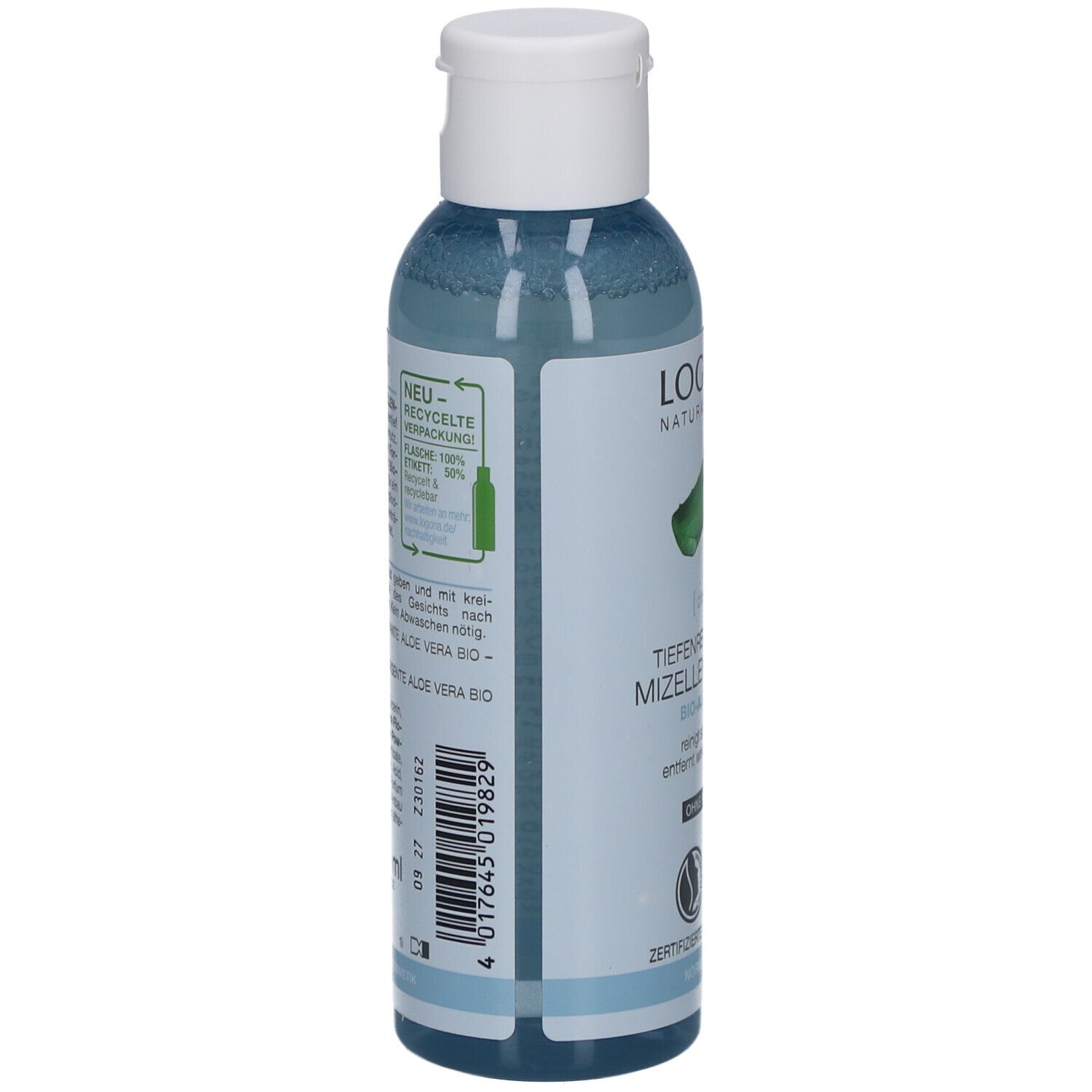 Rückseite der Flasche mit Text und Barcode. Informationen zur recycelten Verpackung und Inhaltsstoffen.