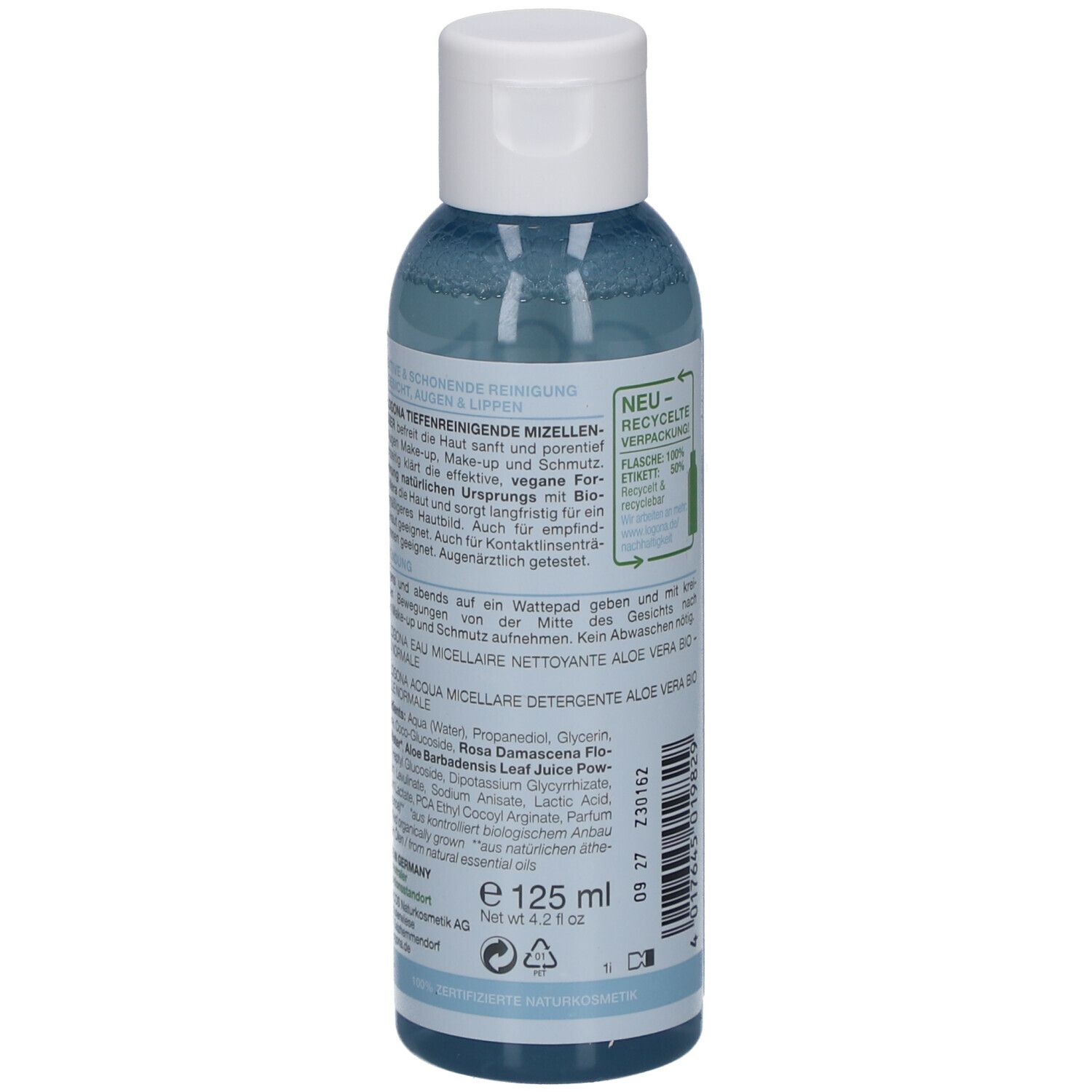 Rückseite der Flasche mit Text. Enthält Informationen zur Anwendung und Inhaltsstoffen. Größe: 125 ml.