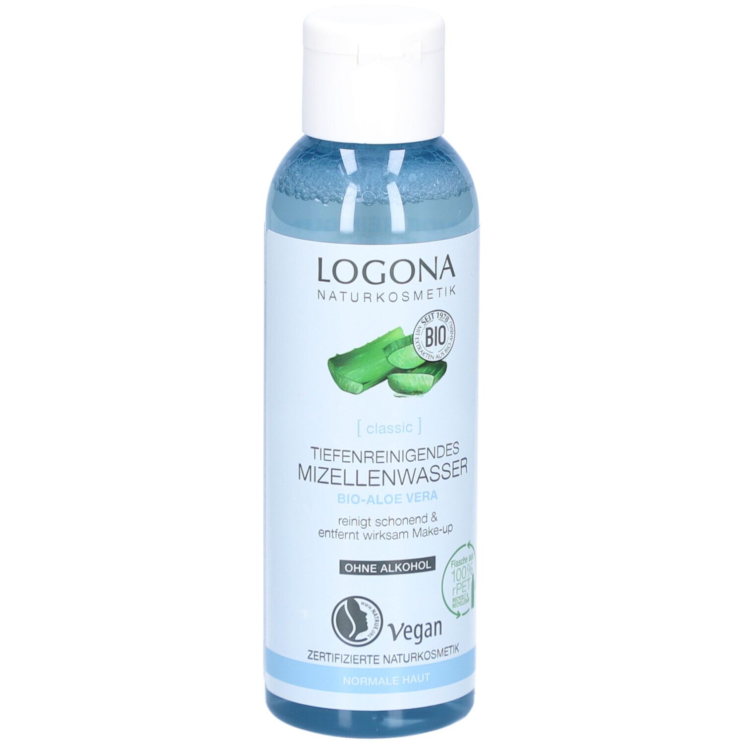 Flüssigkeit in einer Flasche mit weißem Deckel. Aufschrift: Logona Naturkosmetik, Mizellenwasser Bio-Aloe Vera, Vegan.